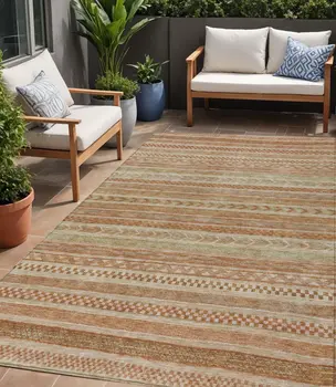 5' X 8' Terra Cotta And Rust Striped Washable Indoor Outdoor Area Rug