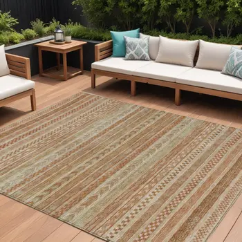 9' X 12' Terra Cotta And Rust Striped Washable Indoor Outdoor Area Rug