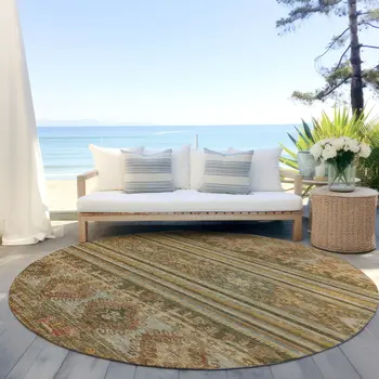 8' Beige Taupe And Gold Round Tribal Washable Indoor Outdoor Area Rug