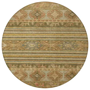 8' Beige Taupe And Gold Round Tribal Washable Indoor Outdoor Area Rug