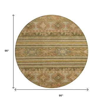 8' Beige Taupe And Gold Round Tribal Washable Indoor Outdoor Area Rug