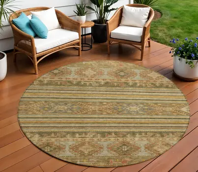 8' Beige Taupe And Gold Round Tribal Washable Indoor Outdoor Area Rug