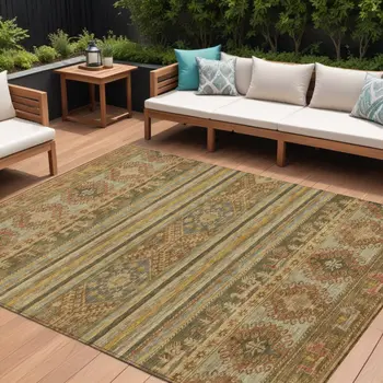 9' X 12' Beige Taupe And Gold Tribal Washable Indoor Outdoor Area Rug