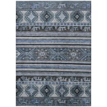 5' X 8' Blue Gray And Charcoal Tribal Washable Indoor Outdoor Area Rug