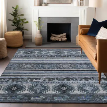 5' X 8' Blue Gray And Charcoal Tribal Washable Indoor Outdoor Area Rug