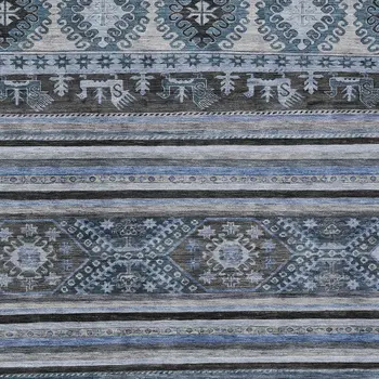 8' X 10' Blue Gray And Charcoal Tribal Washable Indoor Outdoor Area Rug