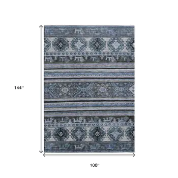 9' X 12' Blue Gray And Charcoal Tribal Washable Indoor Outdoor Area Rug
