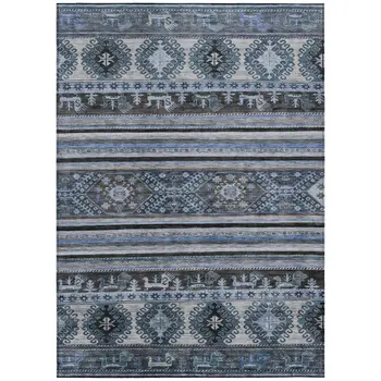 9' X 12' Blue Gray And Charcoal Tribal Washable Indoor Outdoor Area Rug