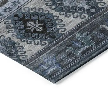 9' X 12' Blue Gray And Charcoal Tribal Washable Indoor Outdoor Area Rug