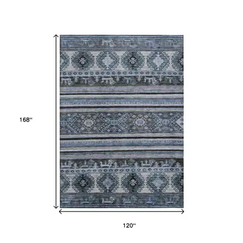 10' X 14' Blue Gray And Charcoal Tribal Washable Indoor Outdoor Area Rug