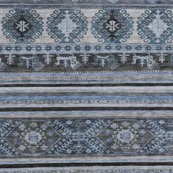 10' X 14' Blue Gray And Charcoal Tribal Washable Indoor Outdoor Area Rug