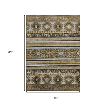 3' X 5' Chocolate Taupe And Gold Tribal Washable Indoor Outdoor Area Rug