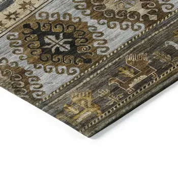 3' X 5' Chocolate Taupe And Gold Tribal Washable Indoor Outdoor Area Rug
