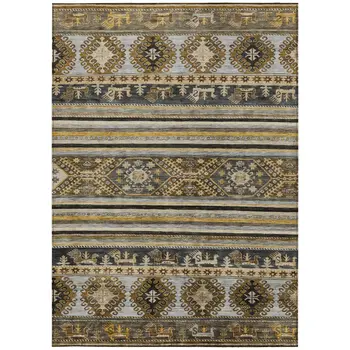 5' X 8' Chocolate Taupe And Gold Tribal Washable Indoor Outdoor Area Rug