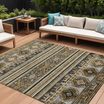 8' X 10' Chocolate Taupe And Gold Tribal Washable Indoor Outdoor Area Rug