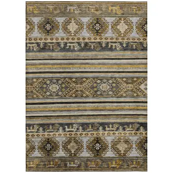 10' X 14' Chocolate Taupe And Gold Tribal Washable Indoor Outdoor Area Rug