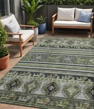 5' X 8' Fern Green Taupe And Ivory Tribal Washable Indoor Outdoor Area Rug