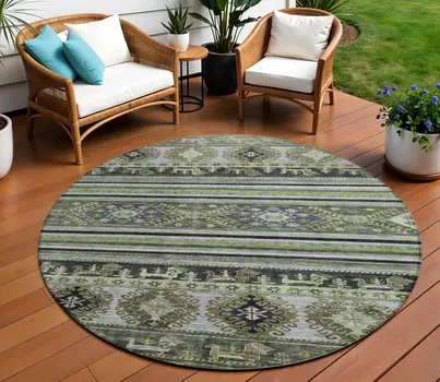 8' Fern Green Taupe And Ivory Round Tribal Washable Indoor Outdoor Area Rug