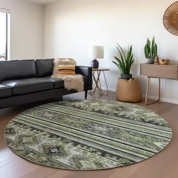 8' Fern Green Taupe And Ivory Round Tribal Washable Indoor Outdoor Area Rug