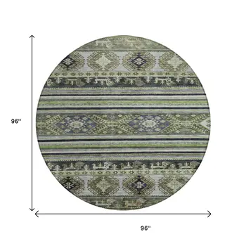 8' Fern Green Taupe And Ivory Round Tribal Washable Indoor Outdoor Area Rug