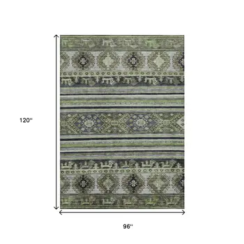 8' X 10' Fern Green Taupe And Ivory Tribal Washable Indoor Outdoor Area Rug
