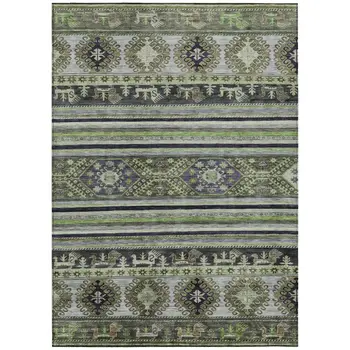 9' X 12' Fern Green Taupe And Ivory Tribal Washable Indoor Outdoor Area Rug