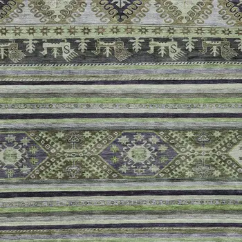 9' X 12' Fern Green Taupe And Ivory Tribal Washable Indoor Outdoor Area Rug