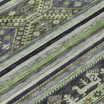 9' X 12' Fern Green Taupe And Ivory Tribal Washable Indoor Outdoor Area Rug