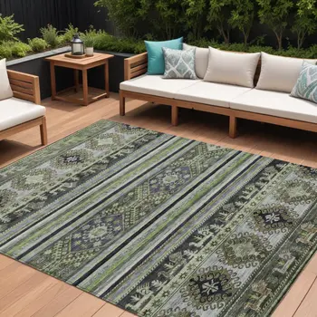 10' X 14' Fern Green Taupe And Ivory Tribal Washable Indoor Outdoor Area Rug