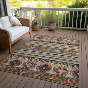 5' X 8' Rust Gray And Gold Tribal Washable Indoor Outdoor Area Rug