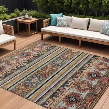 8' X 10' Rust Gray And Gold Tribal Washable Indoor Outdoor Area Rug