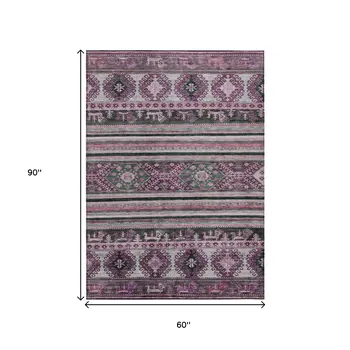 5' X 8' Purple Plum And Gray Tribal Washable Indoor Outdoor Area Rug
