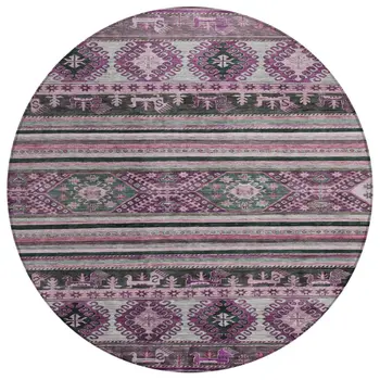 8' Purple Plum And Gray Round Tribal Washable Indoor Outdoor Area Rug