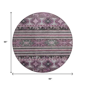 8' Purple Plum And Gray Round Tribal Washable Indoor Outdoor Area Rug