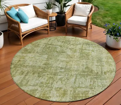 8' Artichoke Green And Beige Round Abstract Washable Indoor Outdoor Area Rug