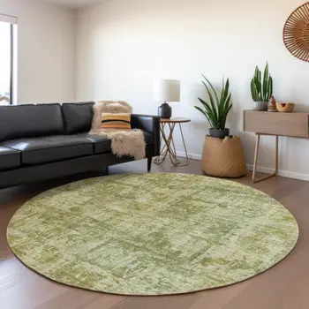 8' Artichoke Green And Beige Round Abstract Washable Indoor Outdoor Area Rug