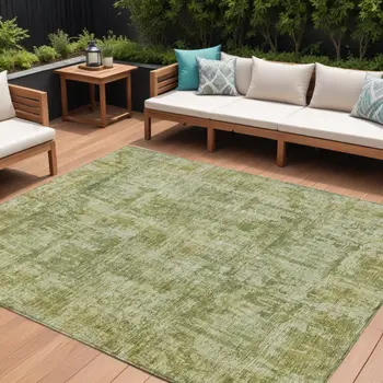 8' X 10' Artichoke Green And Beige Abstract Washable Indoor Outdoor Area Rug