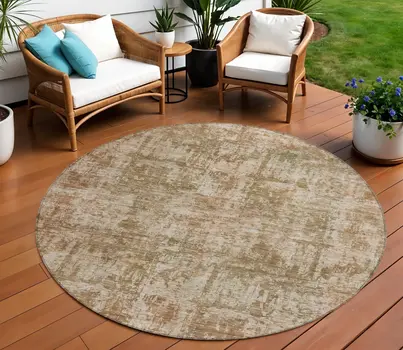 8' Beige And Copper Round Abstract Washable Indoor Outdoor Area Rug