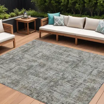 10' X 14' Pewter And Ivory Abstract Washable Indoor Outdoor Area Rug