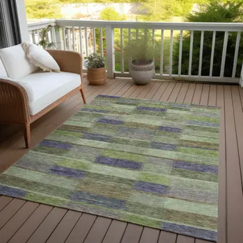 5' X 8' Artichoke Green Purple And Mint Green Striped Washable Indoor Outdoor Area Rug