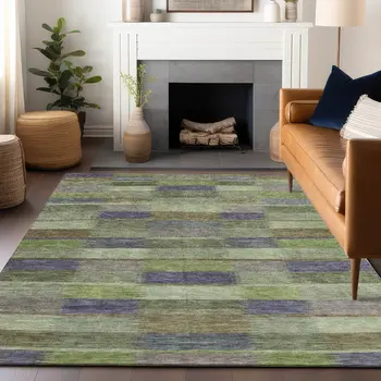 5' X 8' Artichoke Green Purple And Mint Green Striped Washable Indoor Outdoor Area Rug