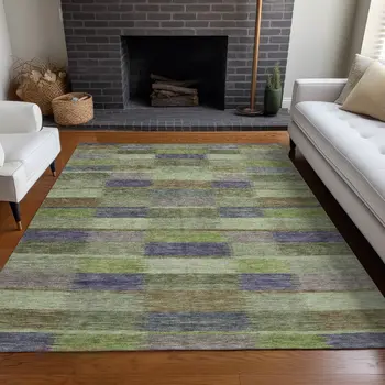 5' X 8' Artichoke Green Purple And Mint Green Striped Washable Indoor Outdoor Area Rug