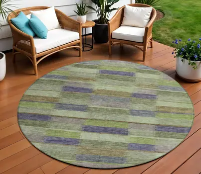8' Artichoke Green Purple And Mint Green Round Striped Washable Indoor Outdoor Area Rug