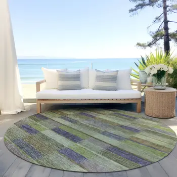 8' Artichoke Green Purple And Mint Green Round Striped Washable Indoor Outdoor Area Rug