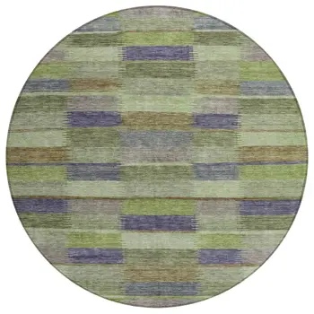 8' Artichoke Green Purple And Mint Green Round Striped Washable Indoor Outdoor Area Rug