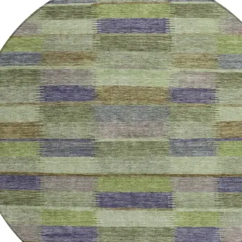 8' Artichoke Green Purple And Mint Green Round Striped Washable Indoor Outdoor Area Rug
