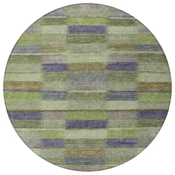 8' Artichoke Green Purple And Mint Green Round Striped Washable Indoor Outdoor Area Rug