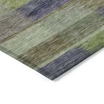 9' X 12' Artichoke Green Purple And Mint Green Striped Washable Indoor Outdoor Area Rug