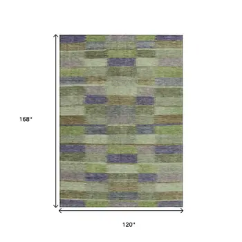 10' X 14' Artichoke Green Purple And Mint Green Striped Washable Indoor Outdoor Area Rug