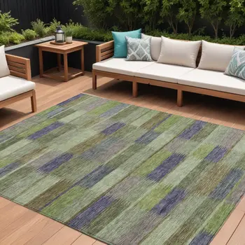 10' X 14' Artichoke Green Purple And Mint Green Striped Washable Indoor Outdoor Area Rug